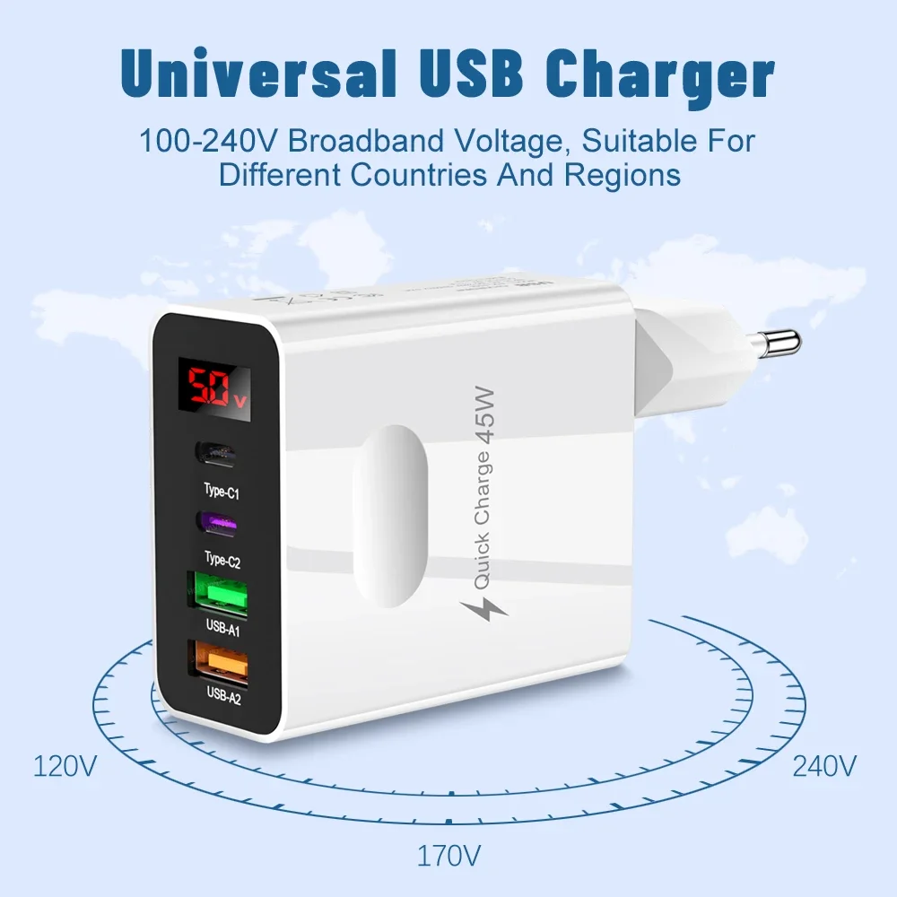USB C Total 45W USB PD Fast Charger LED Digital Display Quick Charger 3.0 Type C Charger Wall Adapter For iPhone Samsung Xiaomi