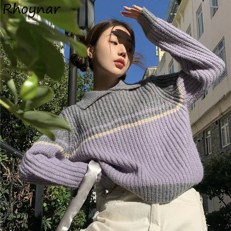 

Chic Striped Loose Knitted Pullovers Women Fashion Leisure Panelled Simple Soft Warm Sweaters Girls Young Sweet All-match Ins BF