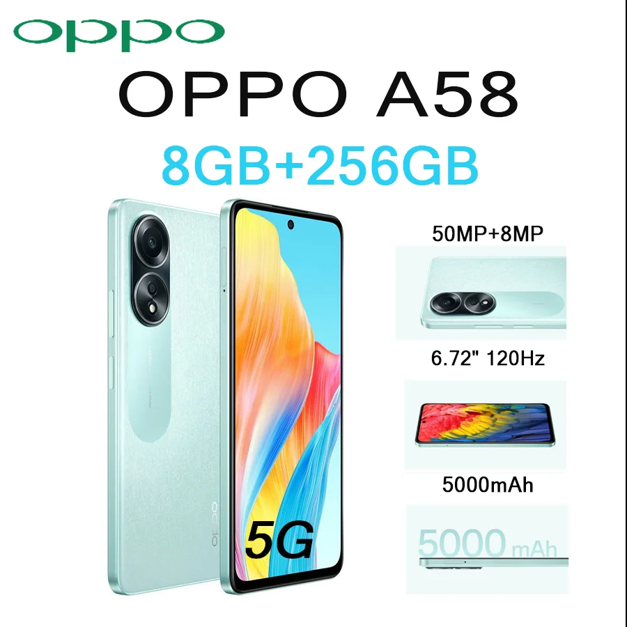 Smartphone OPPO A58 com Tela de 6.72" 120Hz, 8GB+256GB, Câmera AI de 50MP, Bateria de Longa Duração de 5000mAh, Impressão Digital Lateral, 5G LTE, Dual SIM