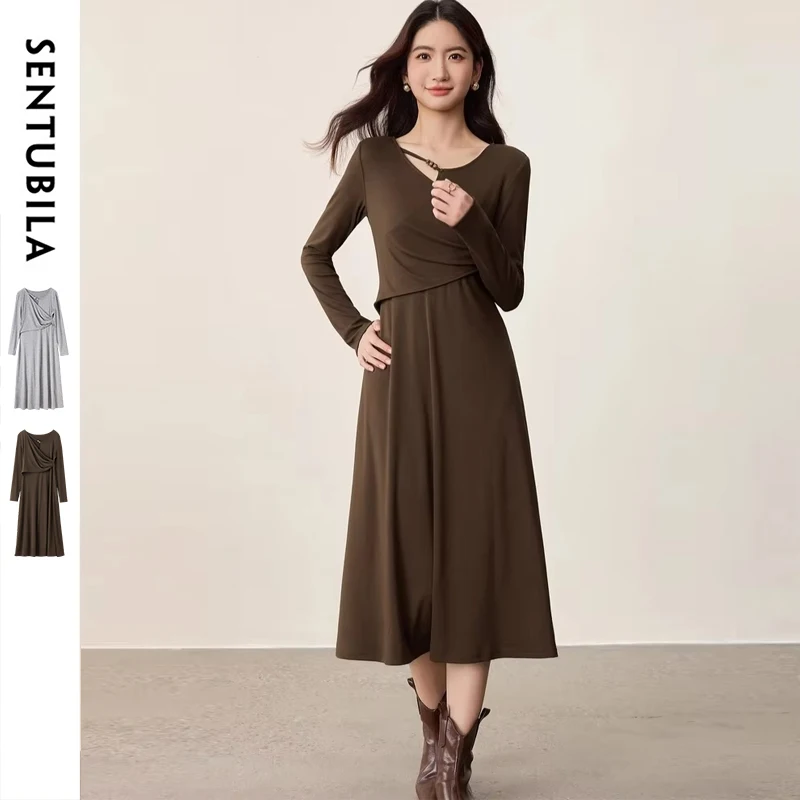 

SENTUBILA Sexy Dress Woman 2025 Autumn New Long-sleeve Dresses Elegant Beaded Diagonal Collar Slim Party Evening Dress 153LB2591