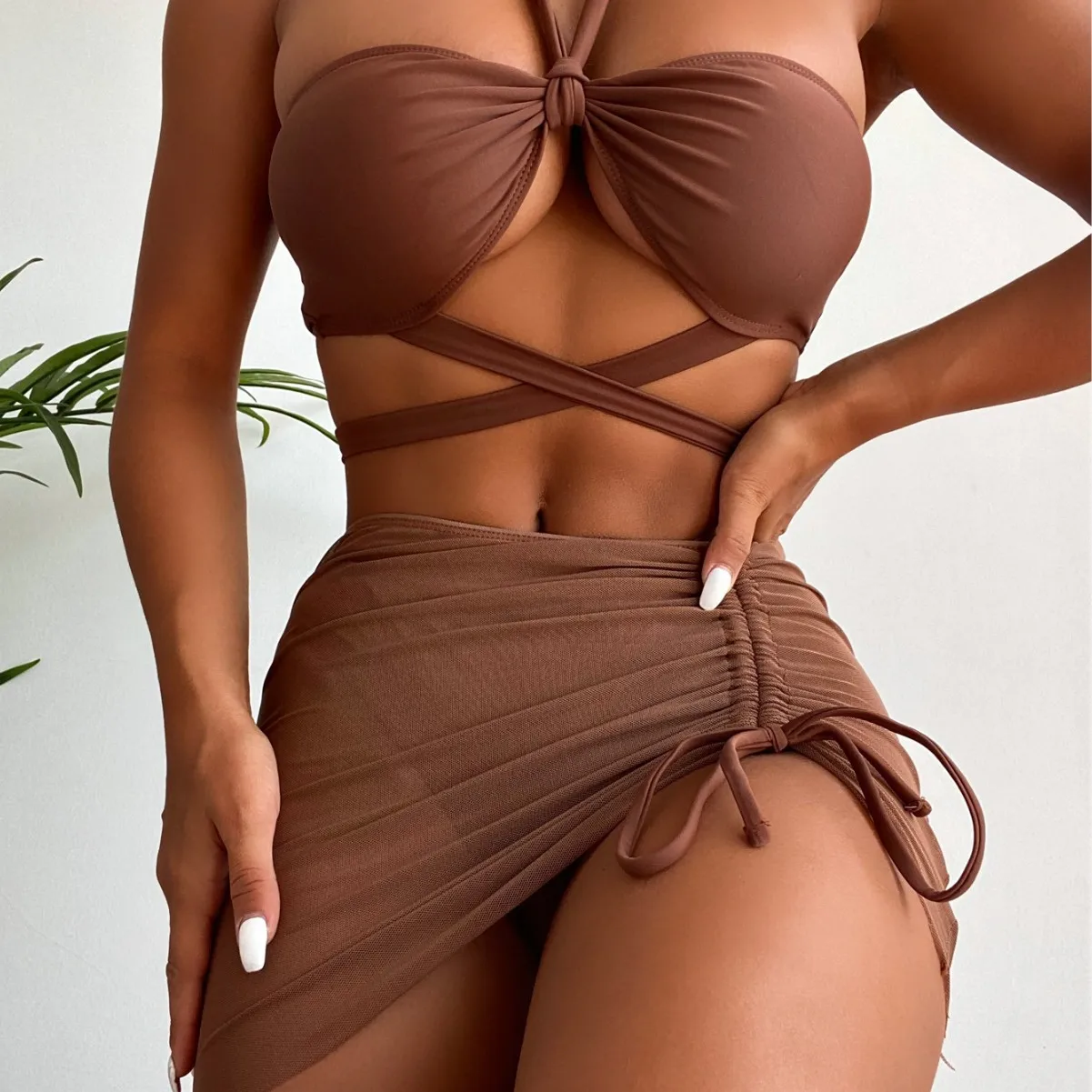 Solid Color Three-piece Swimsuit Bikini 2026 New Fashion Swimming Suit for Women Brazilian Style Beach Hollow One-piece Swimsuit