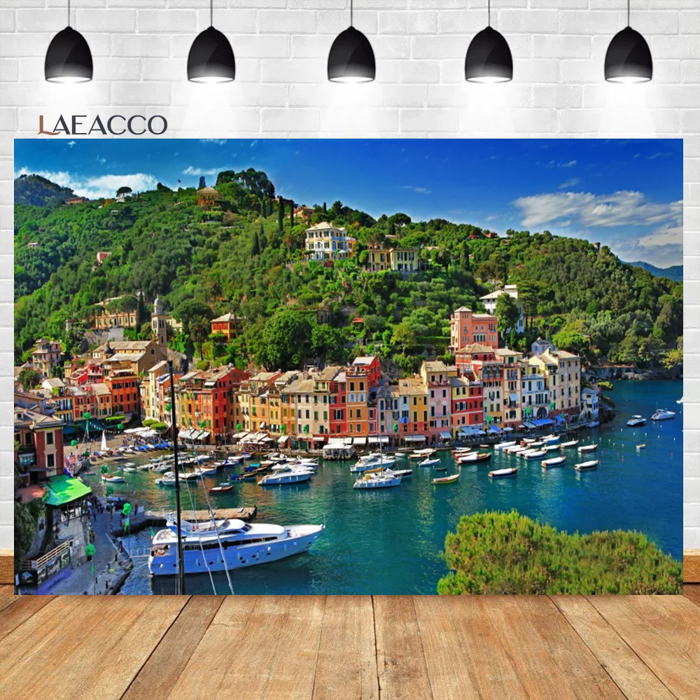 Laeacco European Landscape Photo Backdrop Ocean Buildings Cityscape Coastal City Interior Decor Portrait Photography Background