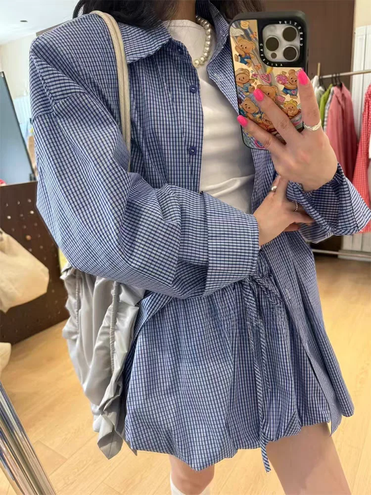 

Женский комплект клетчатой юбки с эластичной резинкой на талии и длинным воротником-стойкой, свободный ленивый комплект Sweet Match Summer Faion