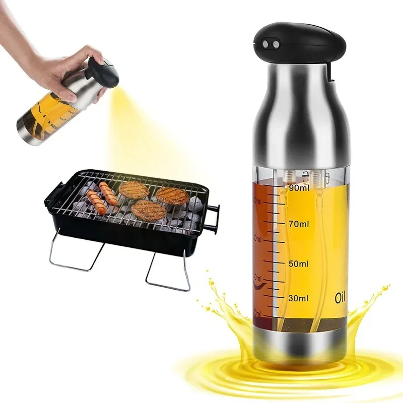 Botella pulverizadora de aceite de doble cabeza de acero inoxidable de 200ml, aceite de oliva, vinagre, pulverizador para ensalada, barbacoa, dispensador de aceite, herramientas de cocina para hornear