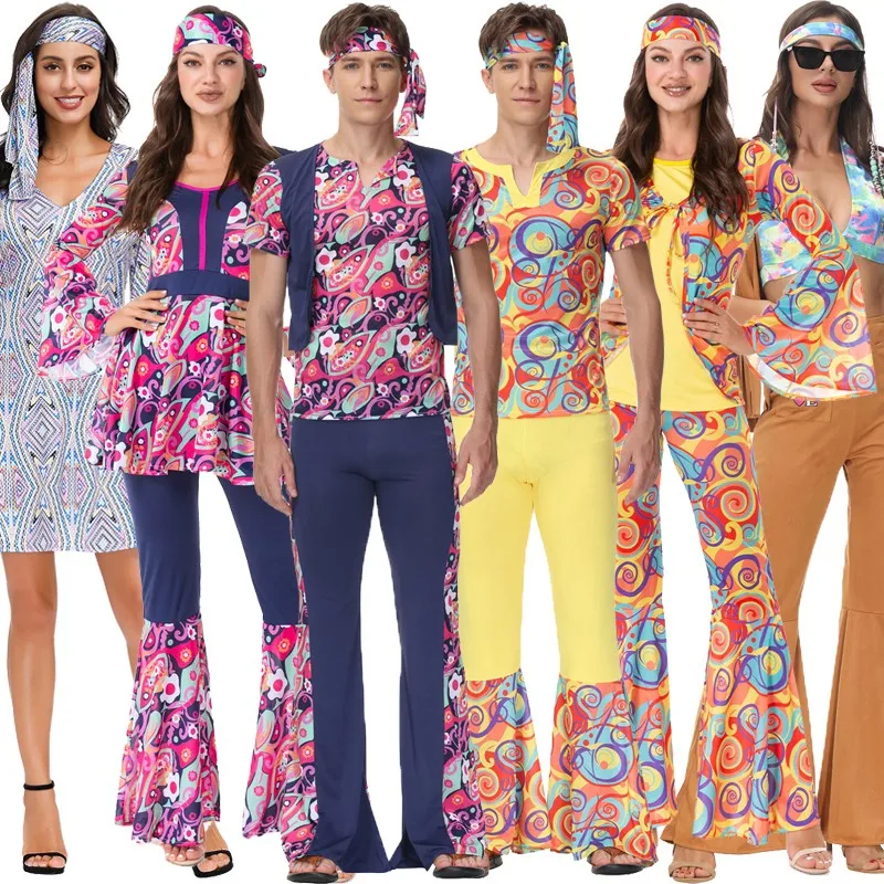 loween Hippie Disco Par Costume anni '70 Hip Hop Performance Outfit Materiale in poliestere Costume tradizionale di scena nazionale