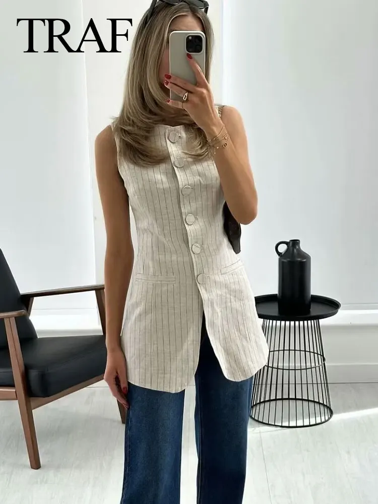 

TRAF 2024 Spring Women's Elegant Striped Vest Sleeveless Round Neck Single Breasted With Pockets Fashion Retro Chic Summer Tops