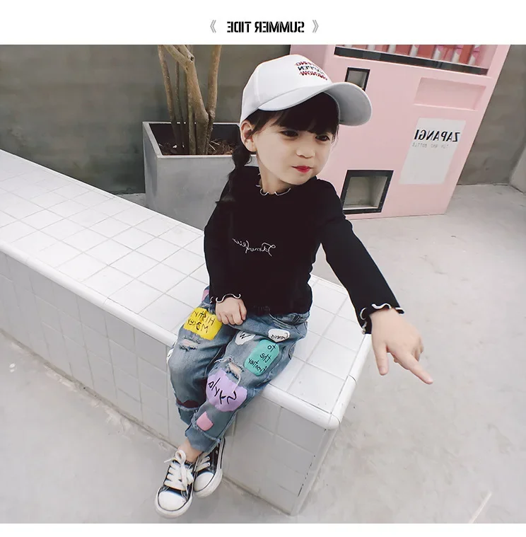 Baby girls pants cartoon holes jeans pants 2024 autumn new fashion kids wear denim trousers 3-8 years old girls clothing