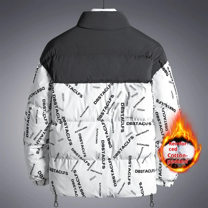 سترة رجالية من القطن المرقعة بطباعة حروف للخريف والشتاء، بطانة سميكة + تصميم ياقة واقفة، متعددة الألوان عصرية ولافتة للنظر، مناسبة للارتداء اليومي أو الخروج