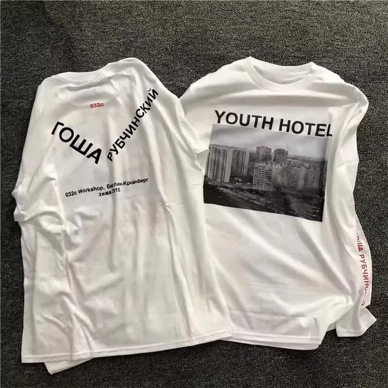 2026 Unisex White Short Sleeve Tee, Urban Building Photo Print Multi Language Text Graphic Crew Neck Streetwear T-shirt Kids