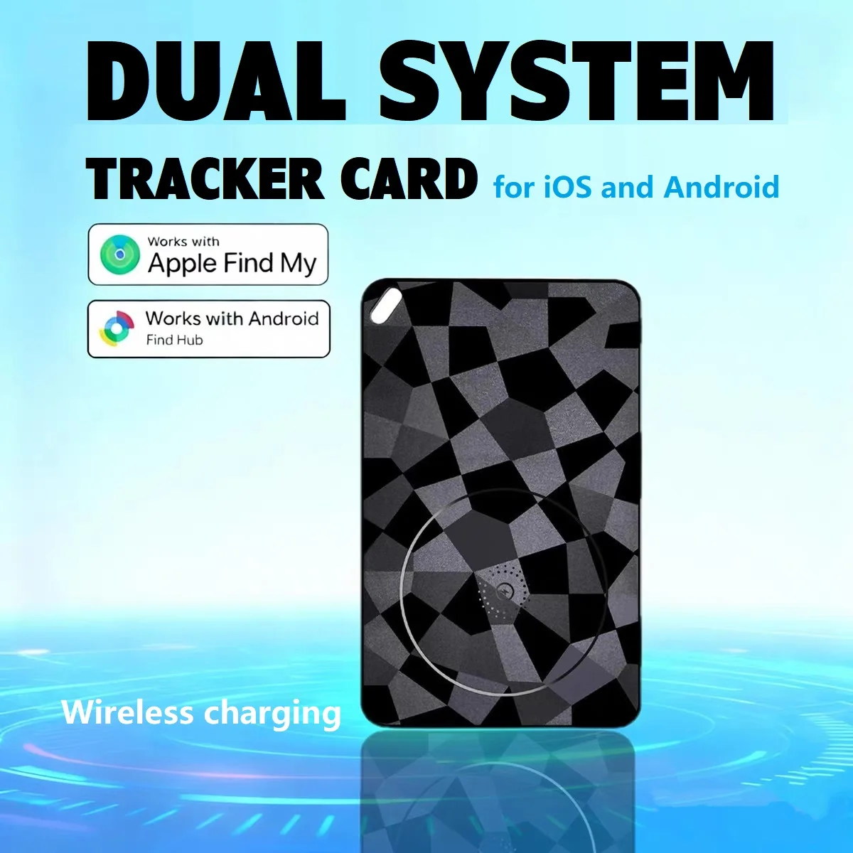Dual system tracker card for iOS Androd tracker card Global Positioning locator works with apple find my or google's find hub