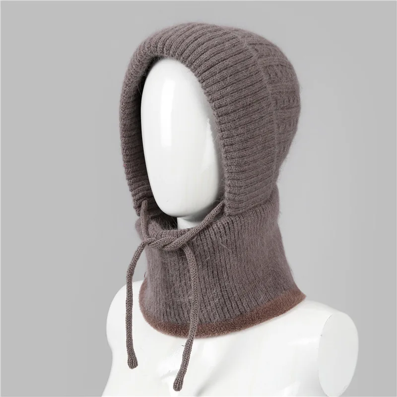 

Autumn and Winter Woolen Hat for Middle-Aged and Elderly Women, Fleece-Lined, Thickened, Warm, Integrated Scarf for Cycling