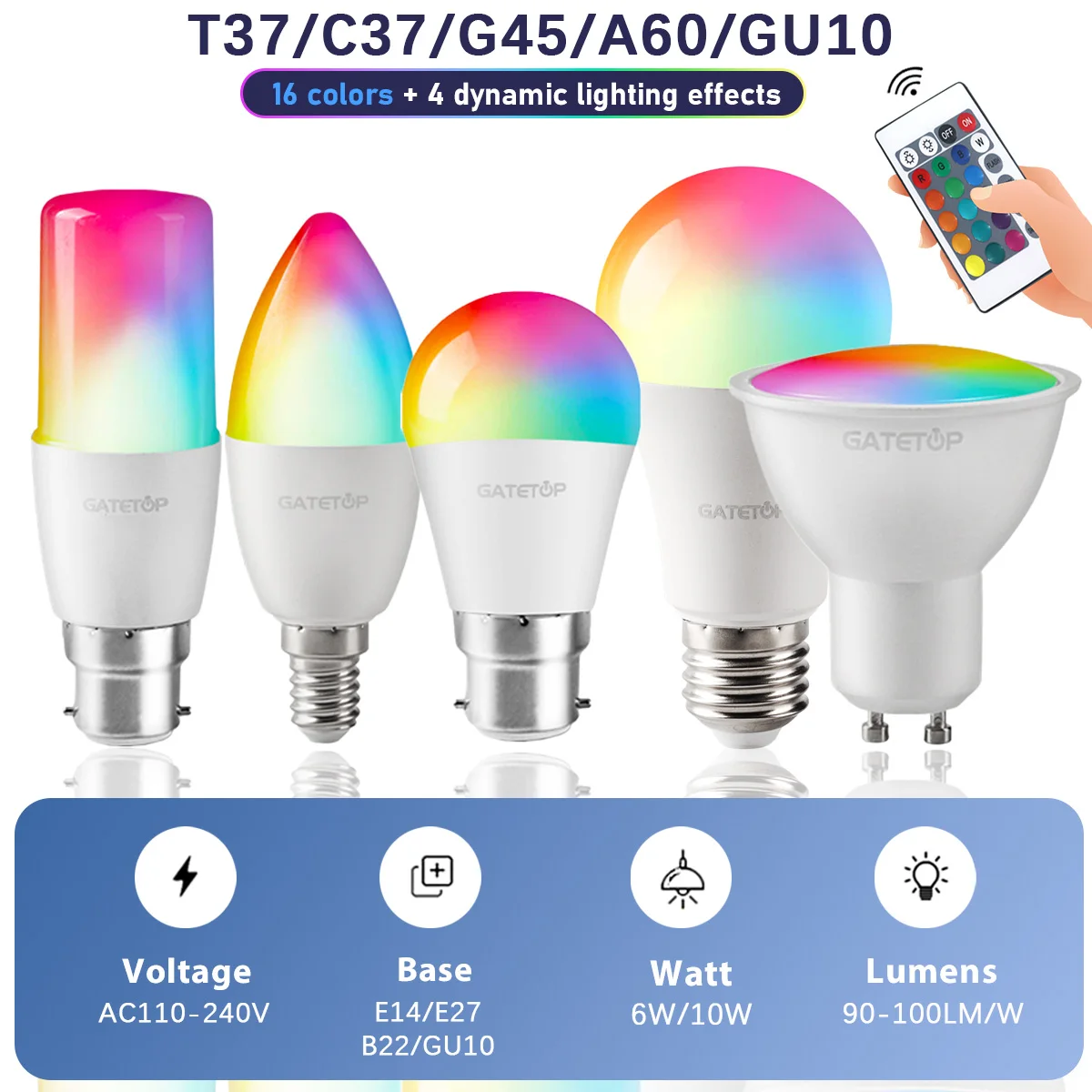 

2 шт. RGB лампа E27 B22 E14 GU10 Светодиодная многоцветная лампа 16 цветов 220 В 110 В Умное освещение с регулируемой яркостью 24 клавиши лампа с дистанционным управлением
