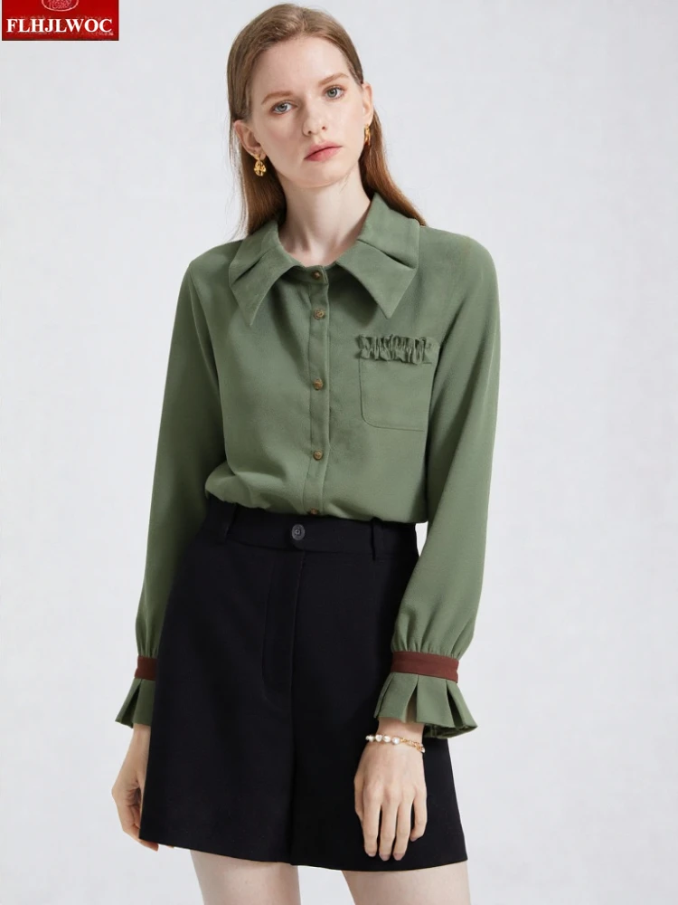 FLHJLWOC Ретро винтажные топы, блузка для милых девочек, весна-осень 2026, однотонная зеленая шикарная корейская рубашка на пуговицах с расклешенными рукавами для женщин