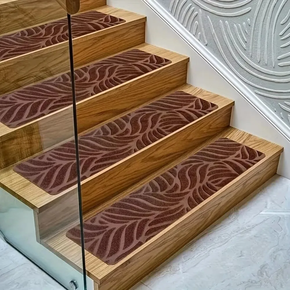 3PCS Self Adhesive Embossed Banana Leaves Staircase Mat Embossed Carpet Washable Stair Tread Carpet Scratch Resistant