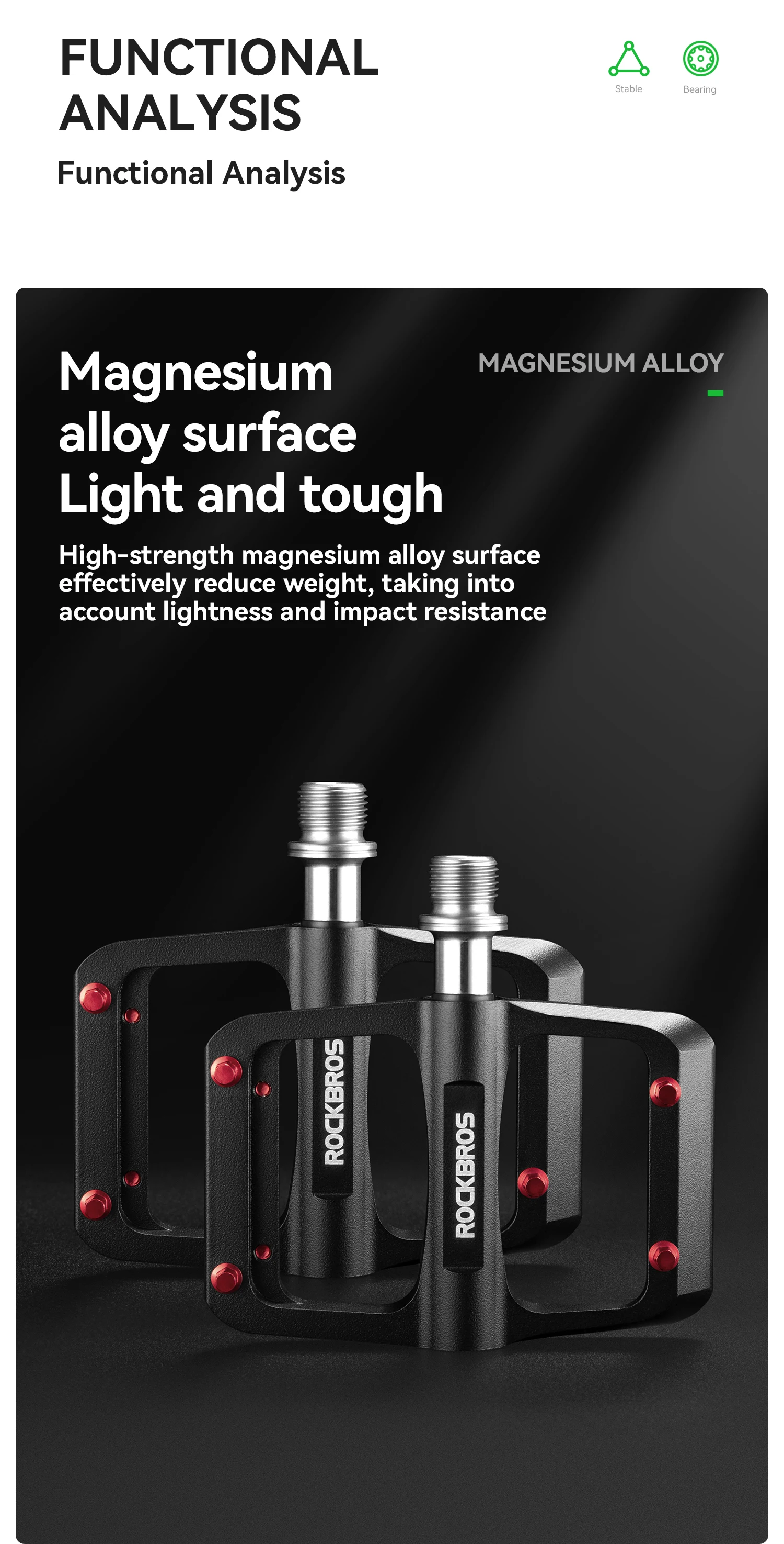 ROCKBROS Fahrradpedale Links/Rechts Leichtes Pedal 3 Lager Rennradpedal Verbreitertes Magnesiumlegierungs-Pedal Ultraleicht 171G – Detail 4