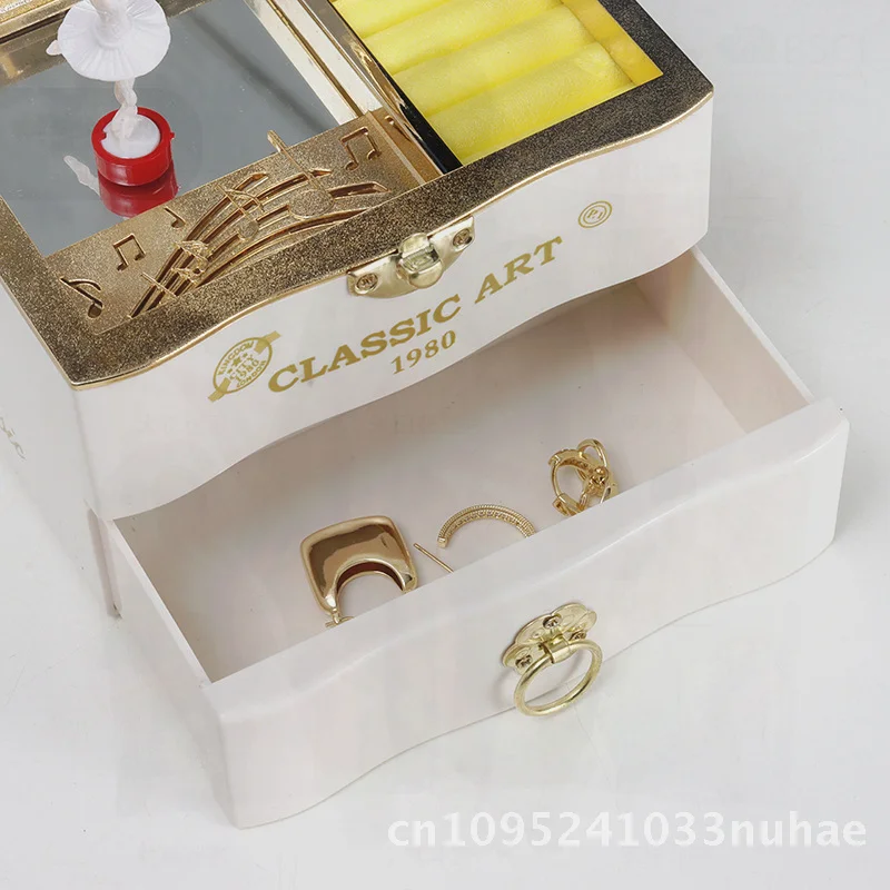 European-Style Nostalgic Rotating Girl Music Box with Mirror And Chain Jewelry Storage Gift Box Brown & White Modern Minimalist