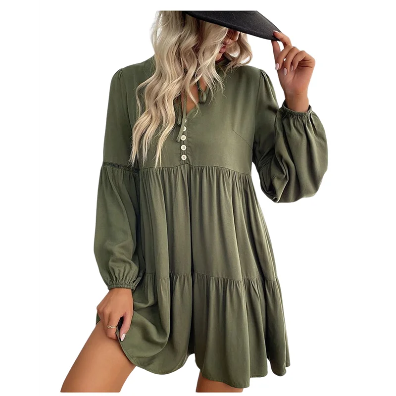 NEW-Long Sleeve Short Dresses For Women V Neck Fall Casual Loose Fit Flowy Swing Tiered Vacation Boho Dress