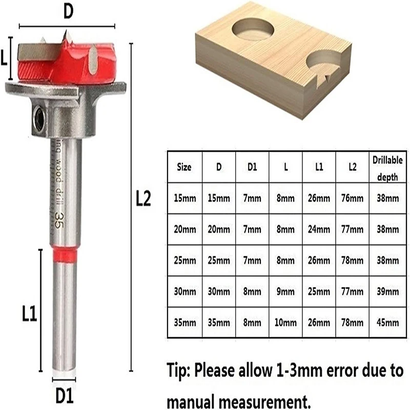 Set da 5 pezzi punte da trapano regolabili in carburo di tungsteno per apertura del foro della cerniera, diametro 15mm-35mm, Kit di attrezzi per la