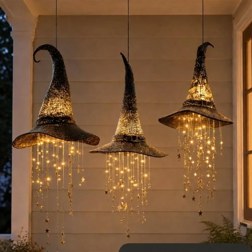 Glowing LED Witch Hat Hanging Chime with Star Tassels Spooky Halloween Witch Hat Decor Vintage Hollow Out Witch Hat Lamp Pendant