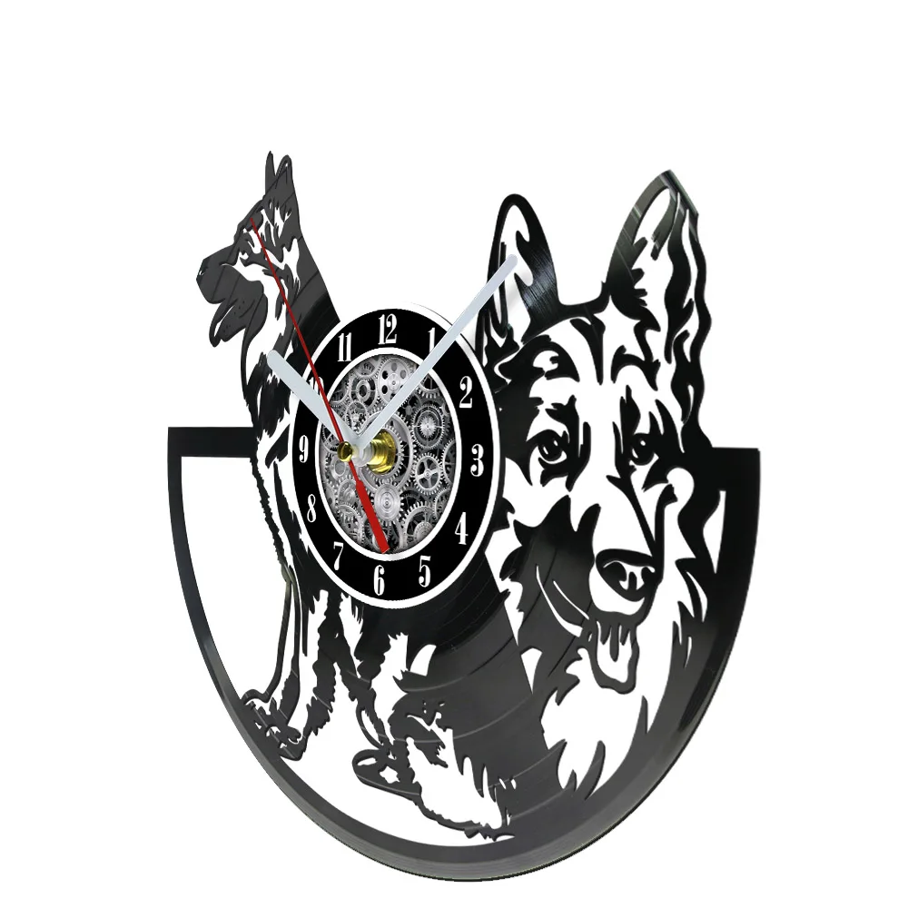 German Shepherd Dog Vinyl Record Wall Clock For Pet Store German Police Dog Puppy Home Decor Handicraft Carved Music Album Clock