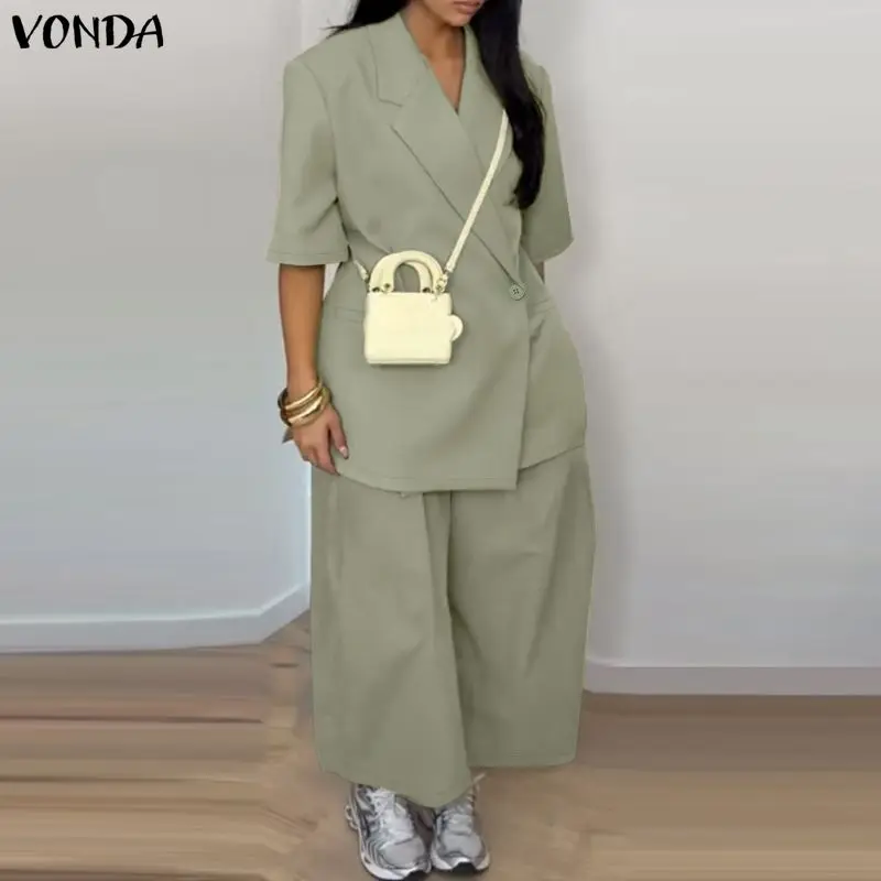 VONDA Casual Matching Set Elegant Business Suit Women Short Sleeve Blazer Wide Leg Pants Loose Solid Color Korean Style Sets