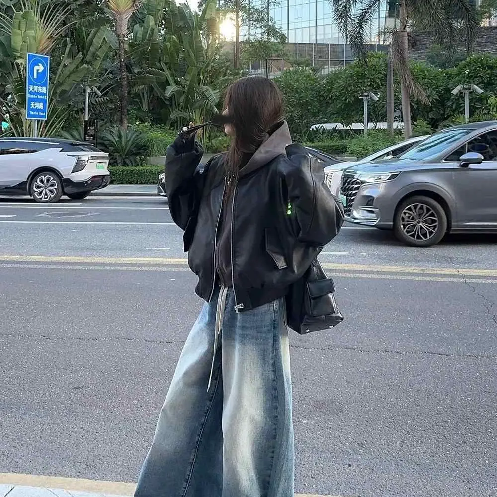 2025 Spring Autumn PU Leather Jacket Retro Black Short Business Casual Attire for Women