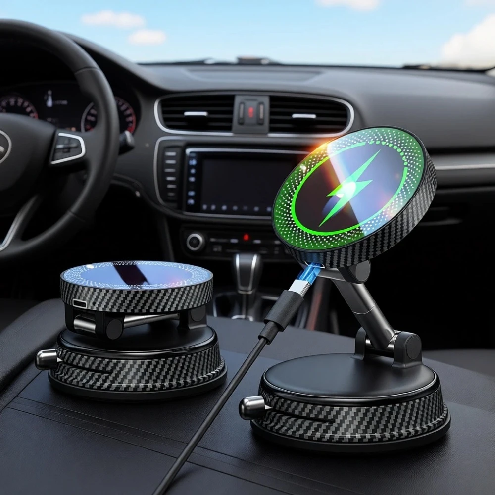 

15W Fast Charging Car Phone Holder with Strong Magnetic Vacuum Suction 360 Degree Rotation Wireless Charger