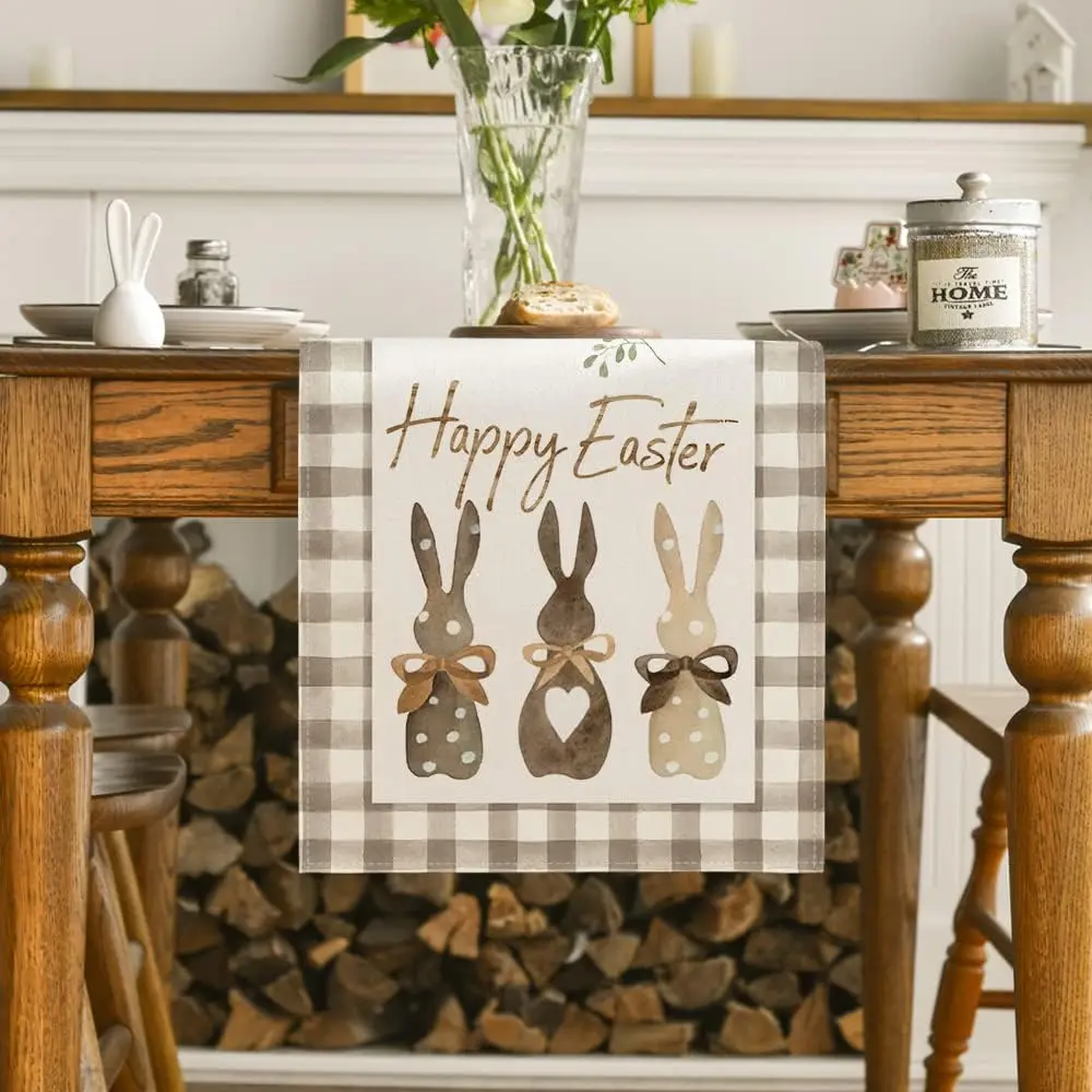 Buffalo Plaid Bunny Happy Easter Table Runner Seasonal Spring Kitchen Dining Table Decoration for Home Wedding Party Decor