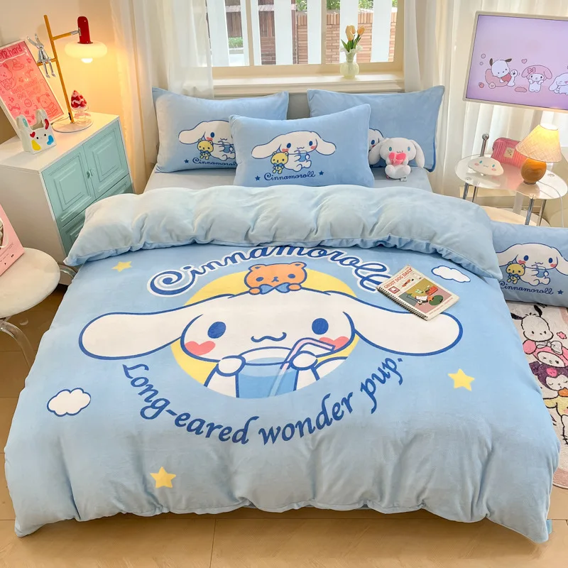 Sanrio Three Piece Cartoon Character Kuromi Pochacco Bedsheet Cute Hello Kitties MyMelody Home Thickened Milk Velvet 4-piece Set