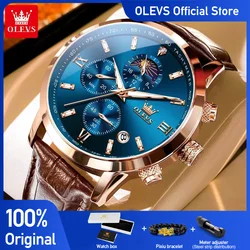 OLEVS 9812Mens Watch Original Comfortable Quartz Watch Leather Strap Waterproof Luminous Moon Phase Watch For Man Automatic Date
