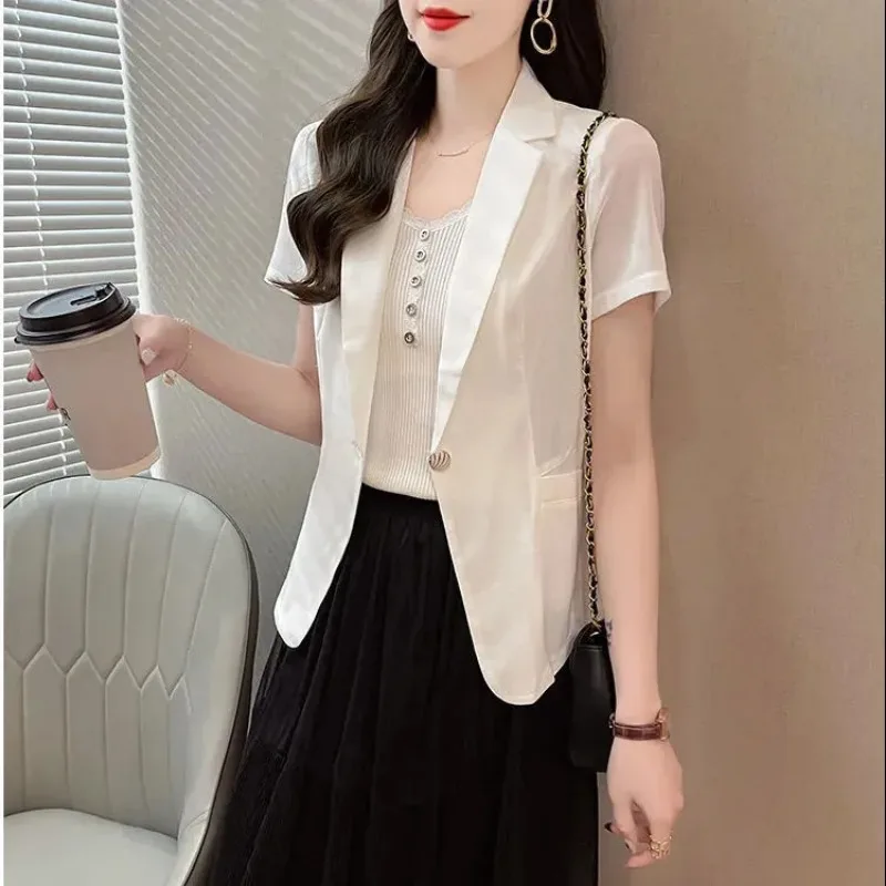 

Women's White Short Sleeve One Button Blazer Lightweight Chiffon Office Blazer with Pockets