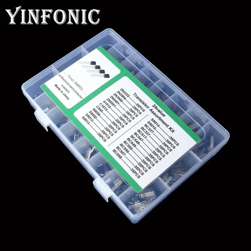 24values x35pcs 840pcs total NPN PNP DIP transistor kit box 2N2222 C1815 BC547 S8050 2N3904 BC337 S9015 2N3906 S9014 A1015 BC550