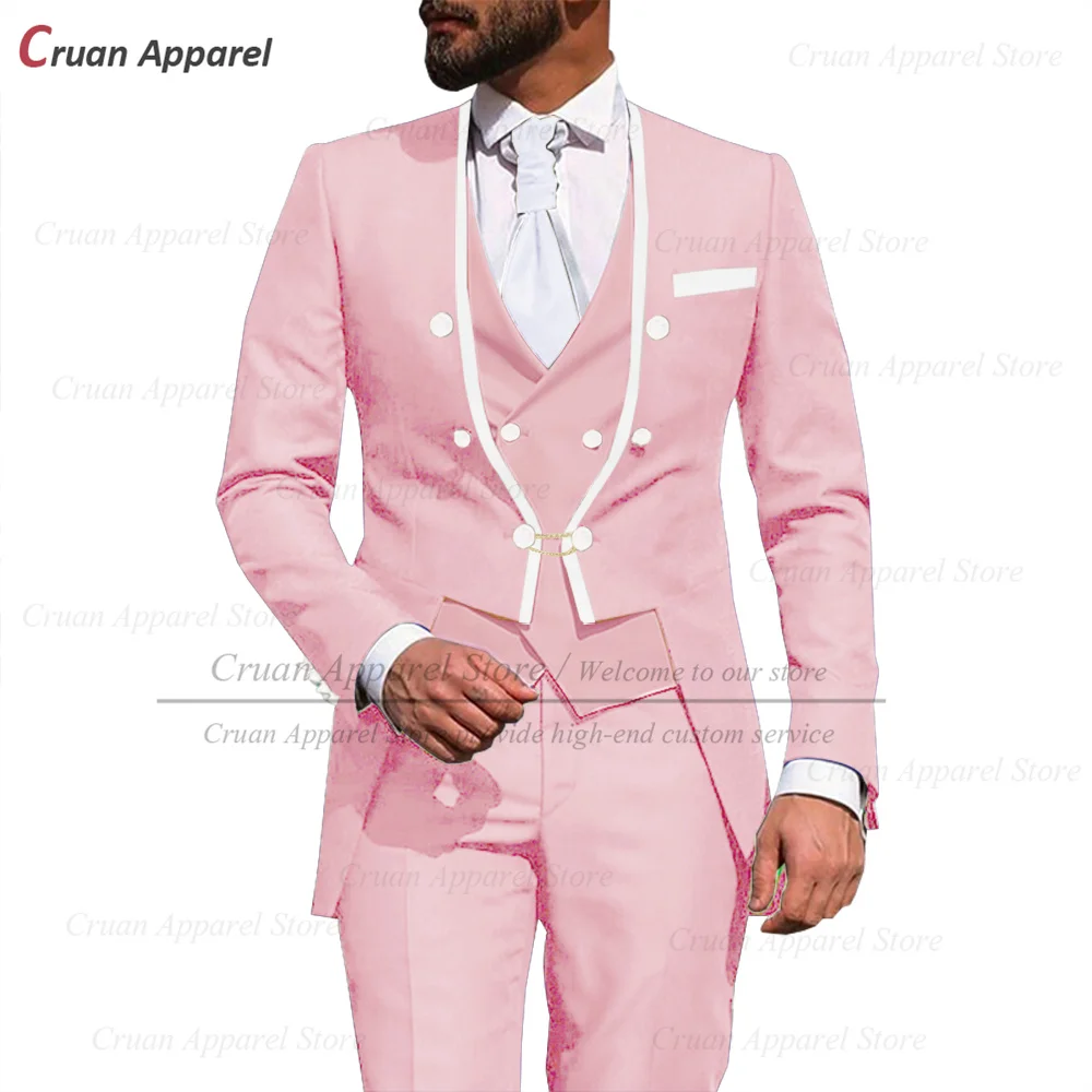 Fashion Pink Men Suit Slim fit Luxury Business Evening Dinner Wedding Tuxedo Blazer Vest Pants 3 Pieces Custom Mens Jackets Set