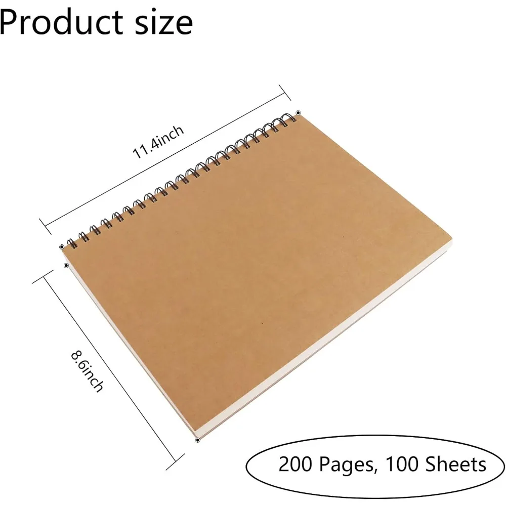 8.6x11.4 Inch Spiral Sketchbook, 2-Pack, 200 Pages, Built-in Drawing Board, Kraft Cover, Blank Pages for Drawing & Painting