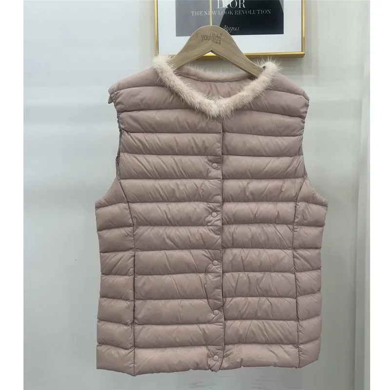 Ultra Light White Duck Down Waistcoat Autumn Winter Women Fur Patchwork Down Vest Coat Female Sleeveless Short Warm Tank Jacket