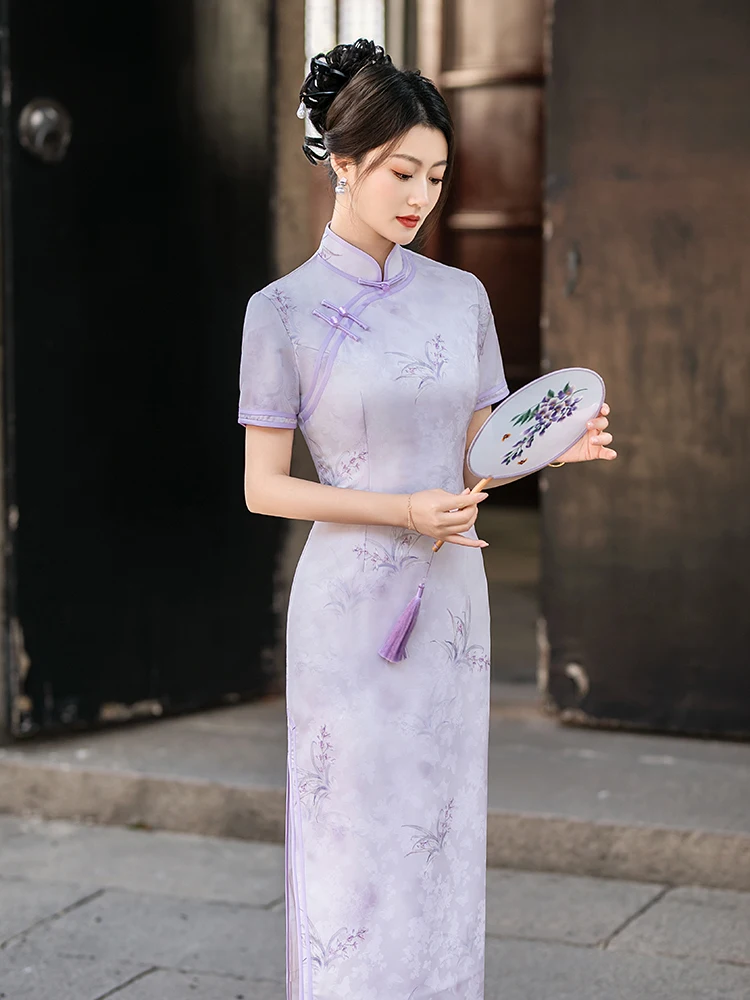 

Ele New Chinese Sle Young Mom Midlife Long Purple Qipao High End Sensation Daily ort Sve Polyester Blend Qipao