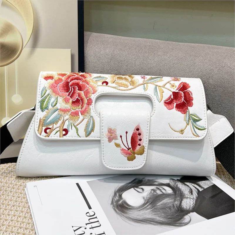 Johnature Vintage Chinese Style Embroidery Women Leather Bag  2024 New Elegant Handbag Versatile Shoulder & Crossbody Bags