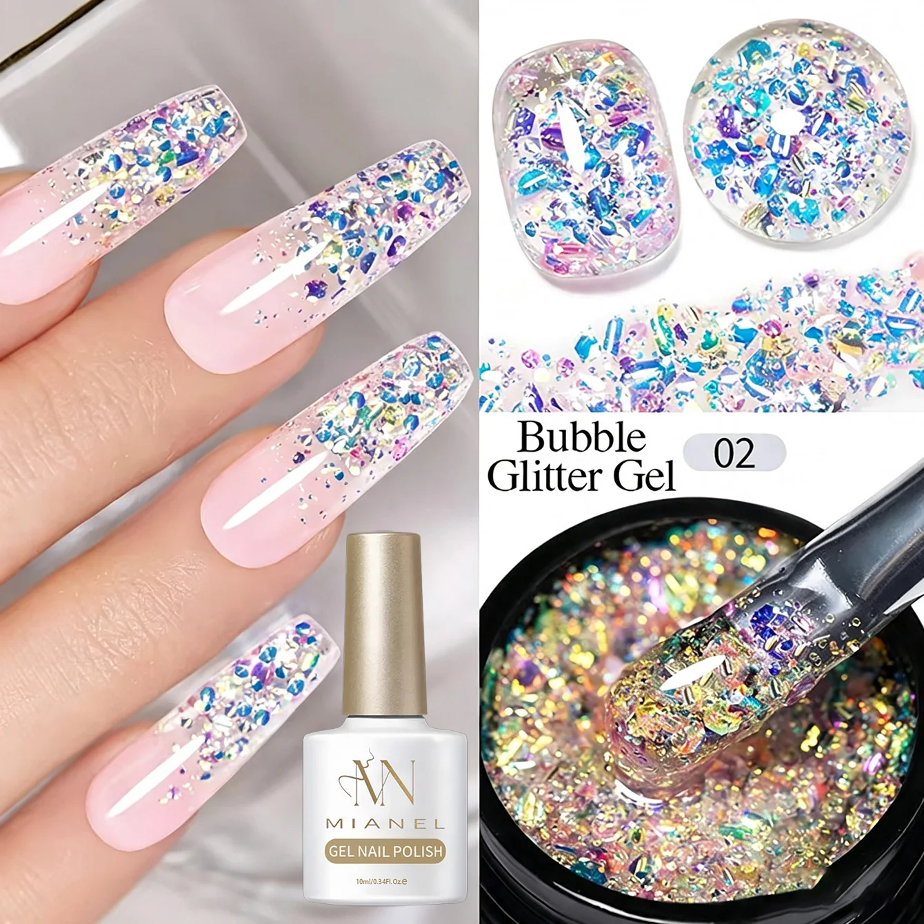 MN 2026 Autumn New Arrival Sparkling Bubble Glitter Gel Nail Polish, Super Shiny Large Flakes, Holographic Flash Nail UV Gel