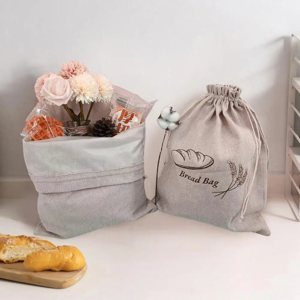 Reusable Bread Storage Linen Bread Bag Reusable Double-layered Bread Storage Pouch with Drawstring Sealing for Picnic School