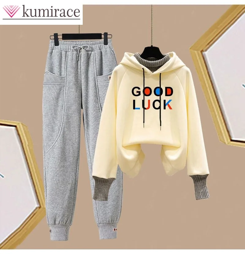 Plush Thickened Wishing You Good Luck Letter Printed Long Sleeve Hoodie with Strap up Casual Pants Two Piece Women's Pants Set