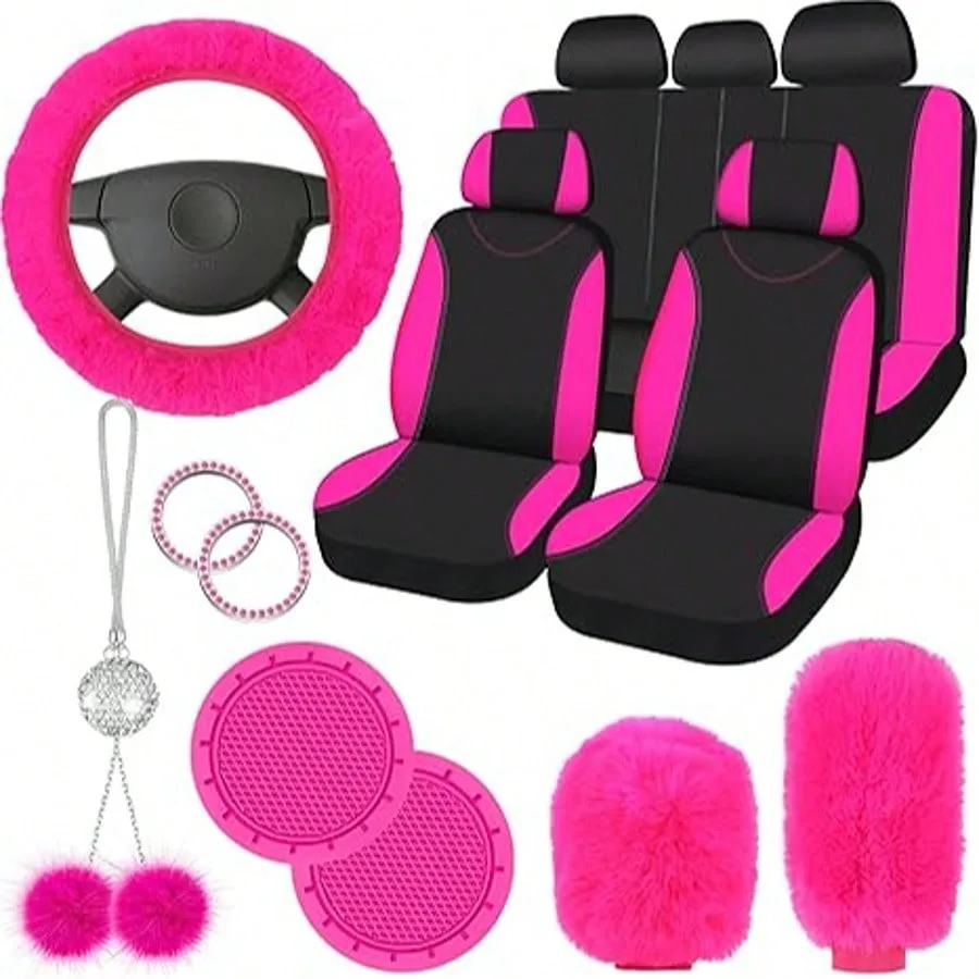 17pcs Car Seat Cover Full Set for Women Universal Fit Car Front Rear Fluffy Steering Wheel Fleece Handbrake Shift Covers Hanging Accessory Holder Ring Emblem (Rose Red Black), Car Seat Cover Full Set