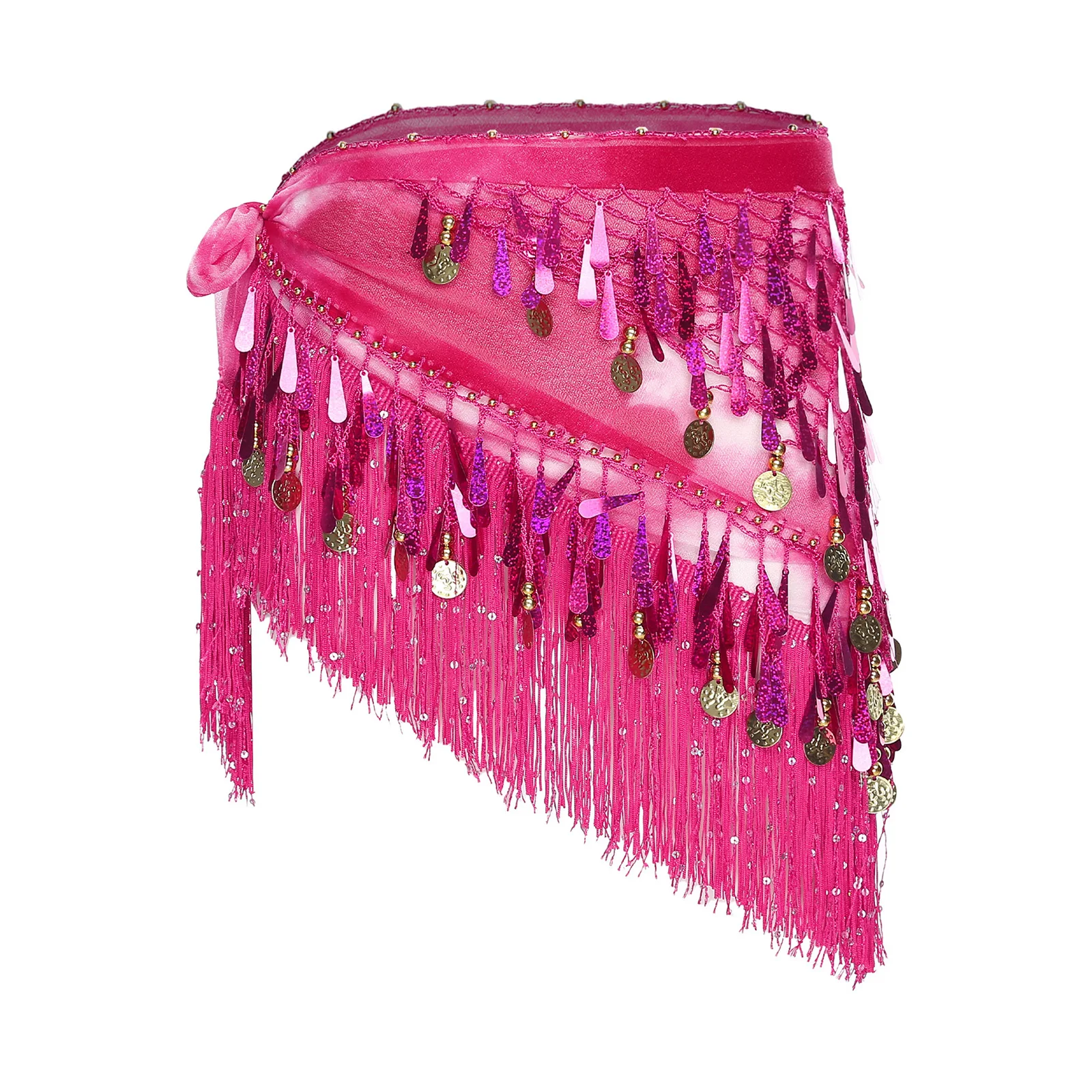 

Womens Belly Dance Hip Scarf Sequined Tassel Exquisite Pendant Triangle Hip Skirt Lace-up One Piece Belly Dance Show Costume