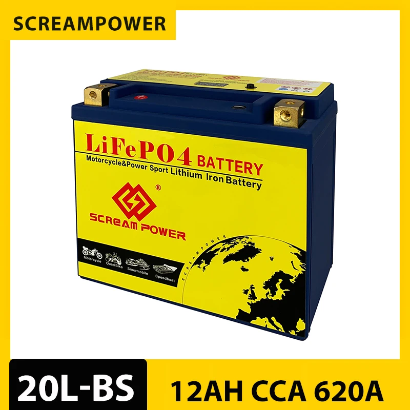 20L-BS 12AH LiFePO4 Motorcycle Battery Built in BMS,620CCA for 4 Wheeler,ATV,UTV,Snowmobile,Jet Ski,Seadoo,Polaris,Lawn Mower