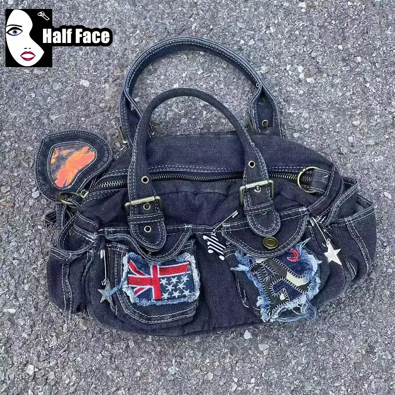 Bolsas de axilas jeans lavadas para mulheres, um ombro, Lolita Mini, menina picante, Harajuku, moda punk gótica, versátil, Y2K