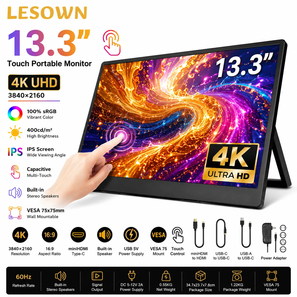 LESOWN 13.3 Inch Laptop Screen Extender 4K Resolution Plug & Play External Touch Display for Steam Deck