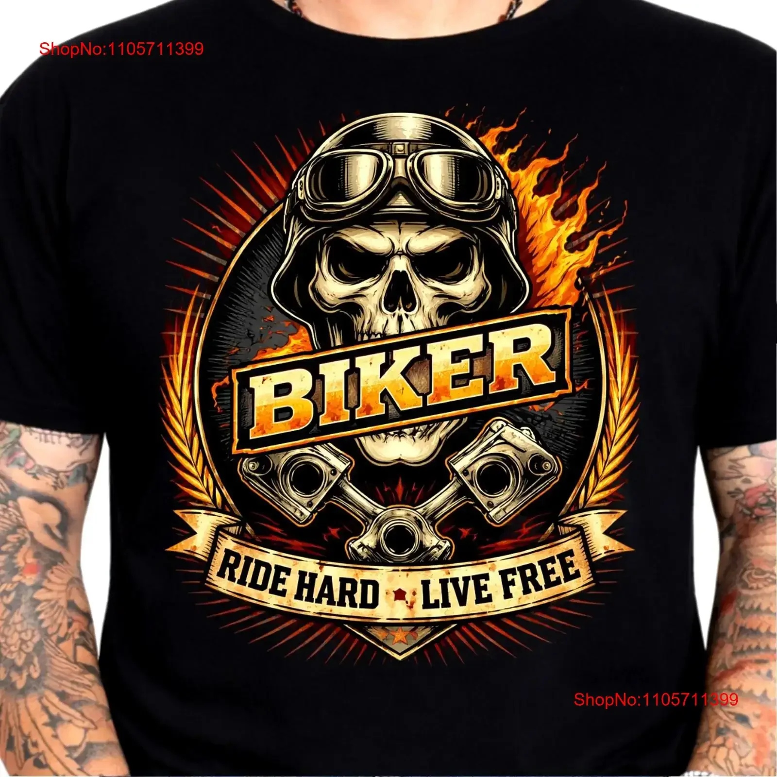 Skull Biker T Shirt Motorcycle Piston Flame Chopper Tattoo Vintage long or short sleeves vintage Washed Versatile homme
