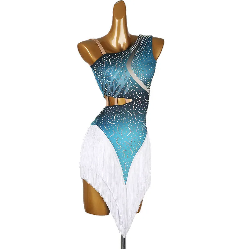 One Shoulder Gradient Rhinestone Waist Cutout Contrast Pointed Fringe Dance Dress For Latin Dance Competition Stage Performance