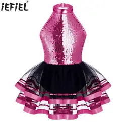 Kids Girls Glitter Sequins Halter Ballet Dance Tutu Dress Gymnastics Leotard Modern Latin Jazz Gymnastics Ballerina Dancewear