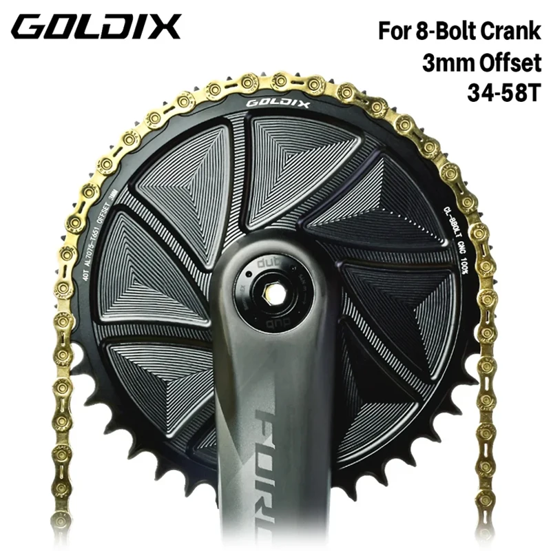 

GOLDIX Bicycle Chainring 3mm Offset 8-Bolt Wide-Narrow Teeth AERO Chainring Aluminum Alloy CNC Hollow Cut Bicycle Accessories