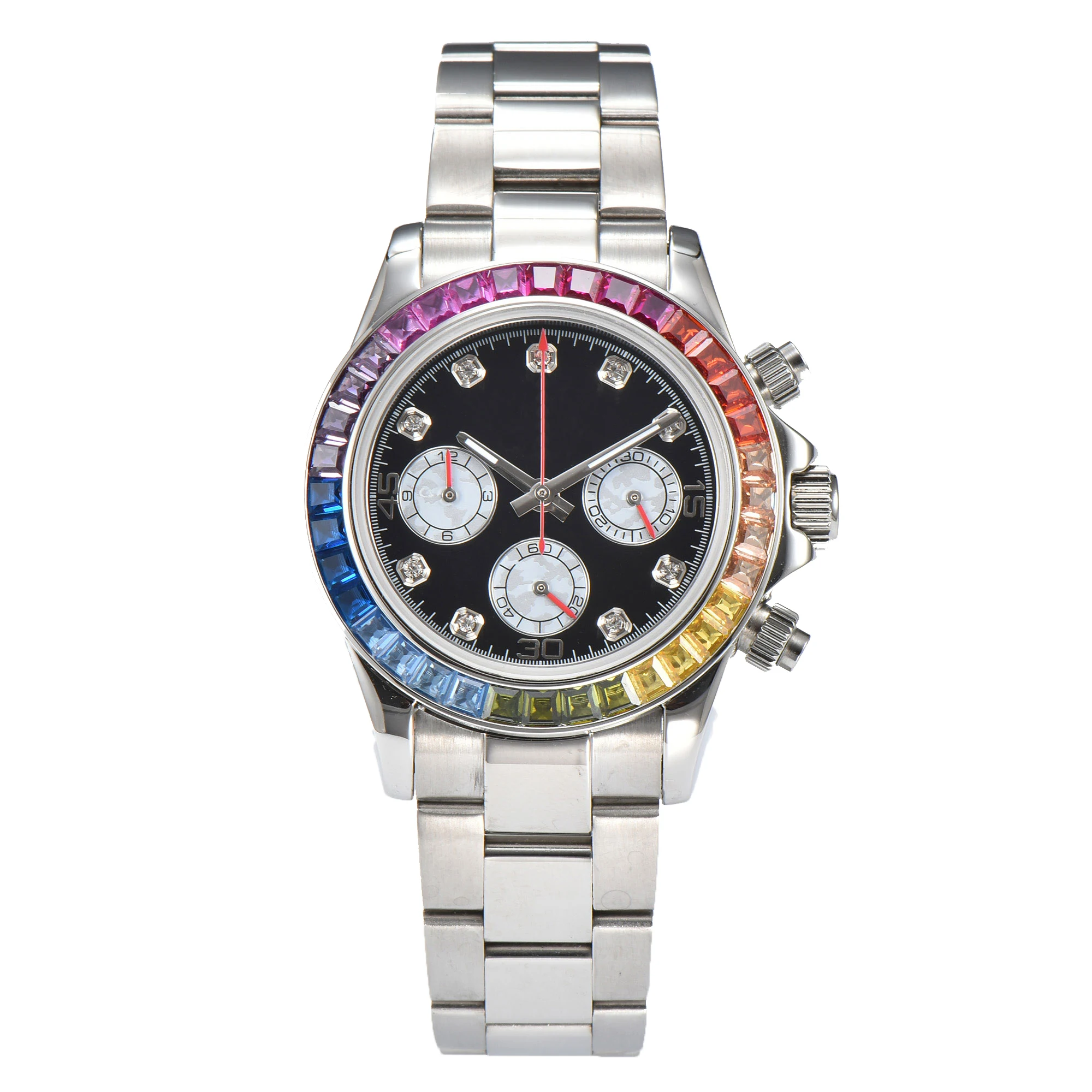 40mm Custom LOGO VK Series63 Movement Colorful Diamond Gemstone Bezel Quartz Watch Man Sports Three Eye Dial Sapphire 316L Steel